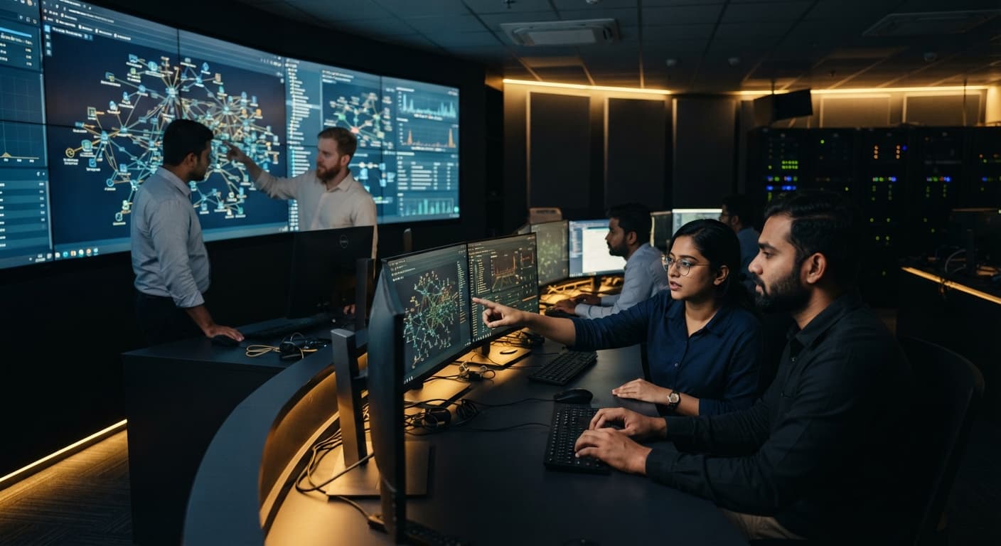 Mango network operations engineers reviewing routes on the NOC wall in Dhaka