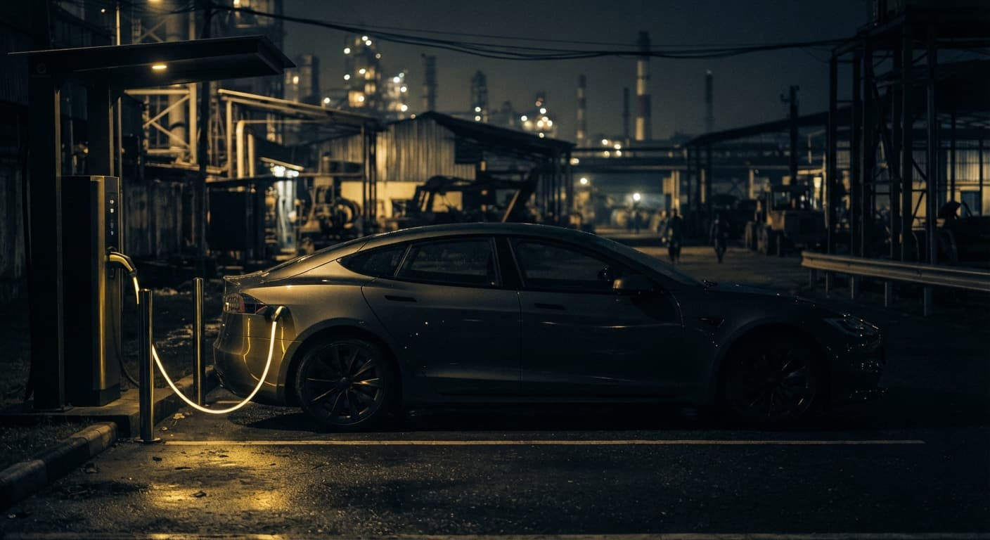 Electric vehicle assembly line at night