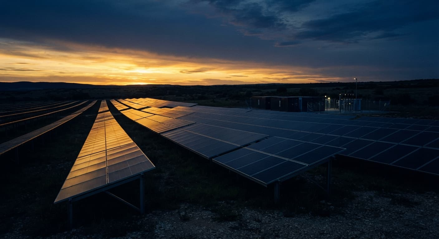 Solar farm at dusk